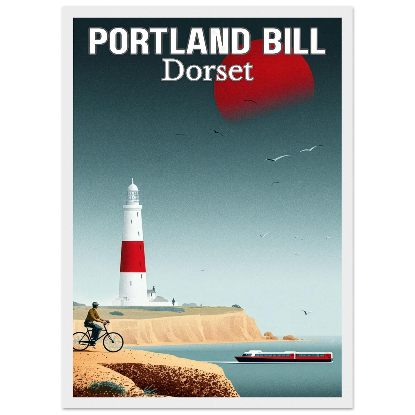 Poster of Portland Bill, Dorset with a lighthouse, cyclist, and boat.