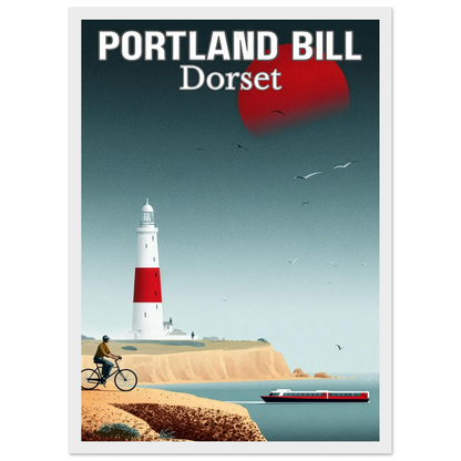 Poster of Portland Bill, Dorset with a lighthouse, cyclist, and boat.