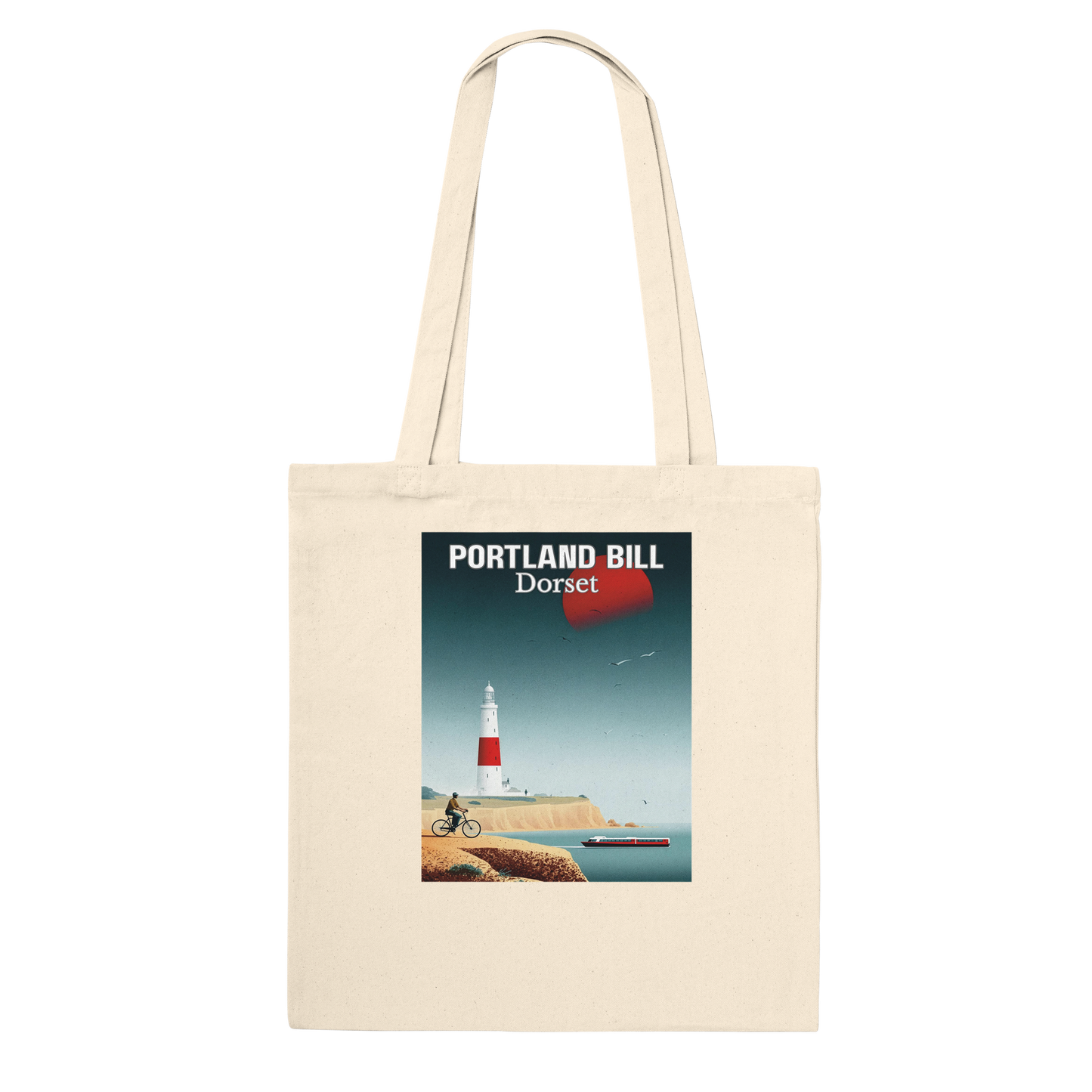 Beige tote bag with a graphic of Portland Bill, Dorset on a white background