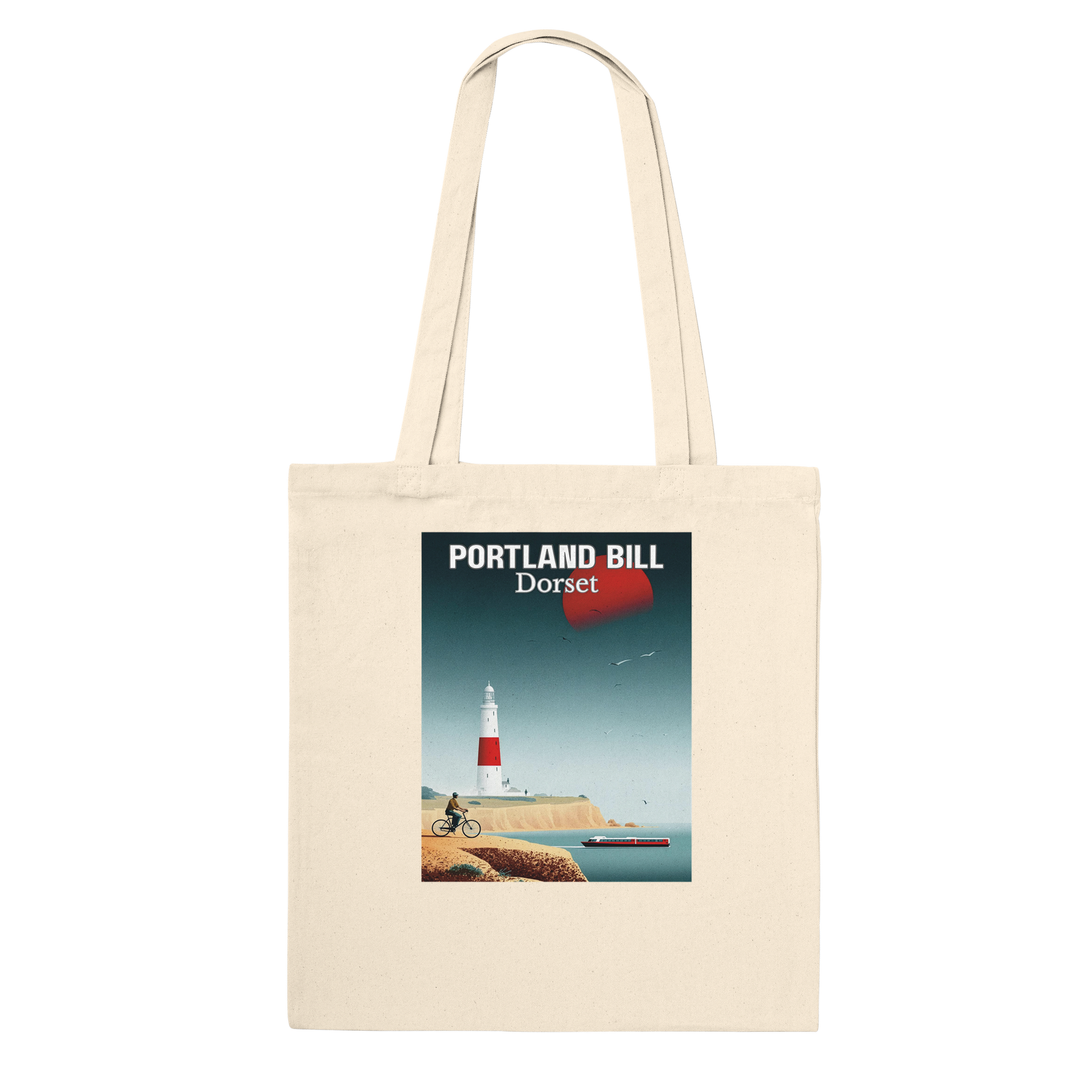 Beige tote bag with a graphic of Portland Bill, Dorset on a white background