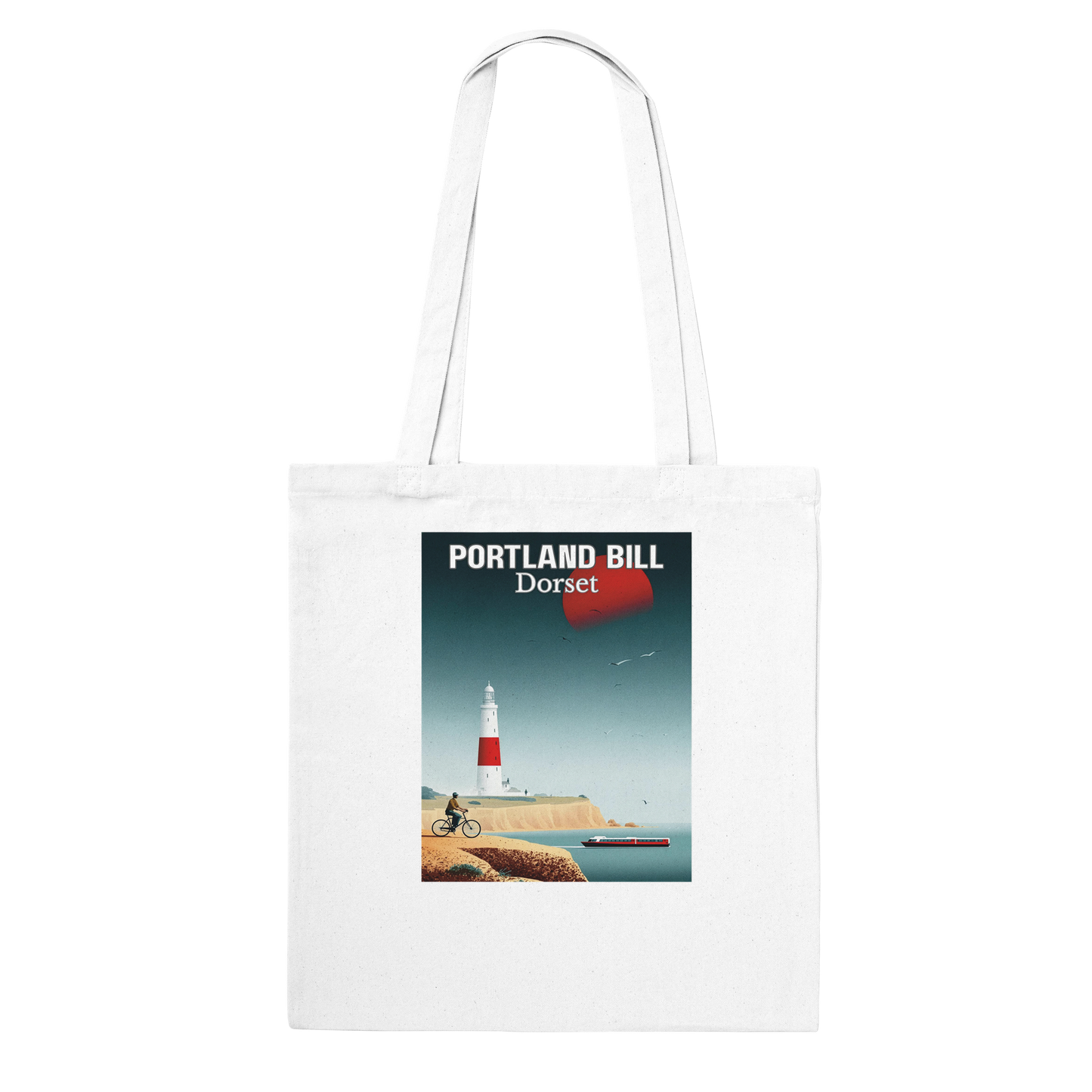 White tote bag with a design of Portland Bill, Dorset featuring a lighthouse and cyclist.