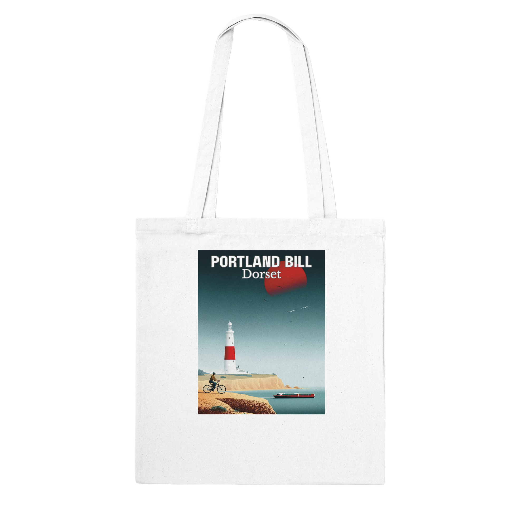 White tote bag with a design of Portland Bill, Dorset featuring a lighthouse and cyclist.