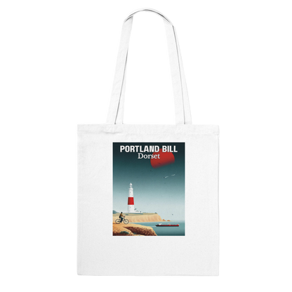 White tote bag with a design of Portland Bill, Dorset featuring a lighthouse and cyclist.