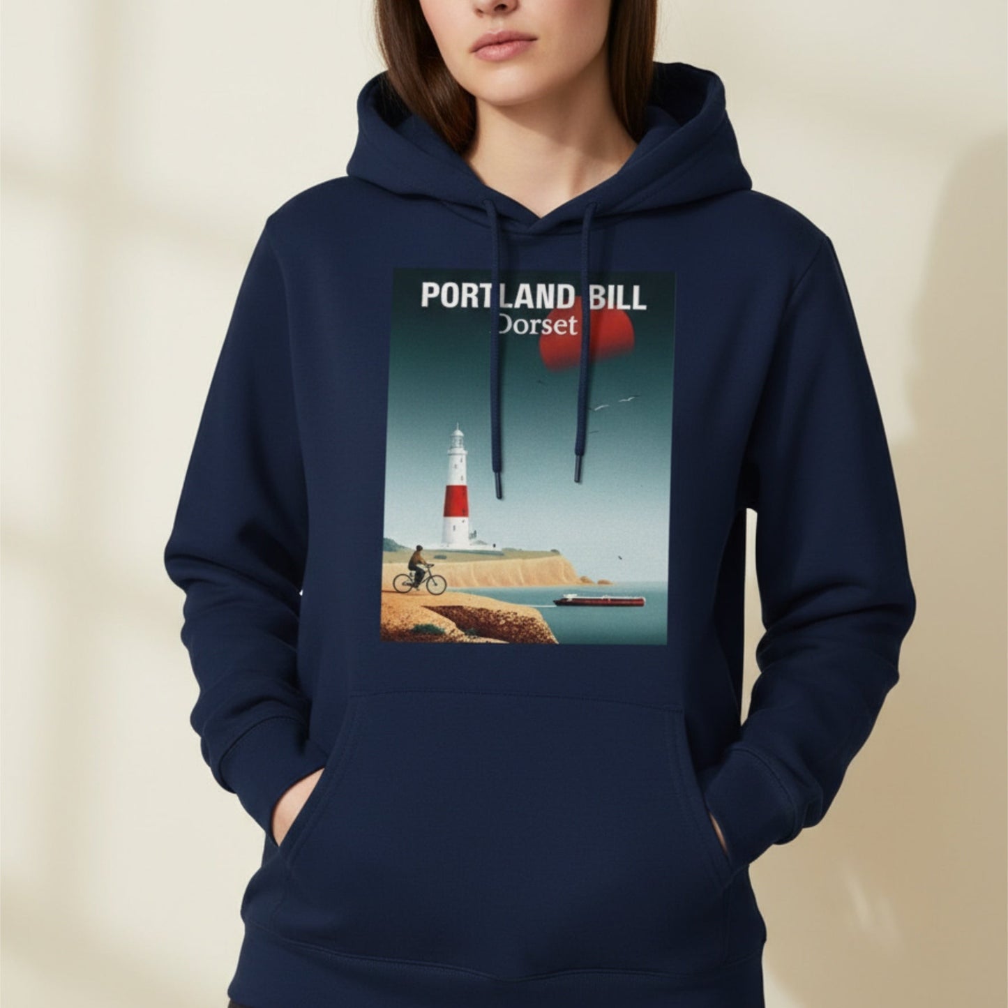 Girl wearing Portland Bill Lighthouse hoodie
