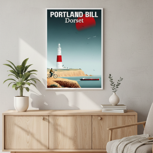 Framed artwork of Portland Bill, Dorset on a wall above a wooden cabinet.