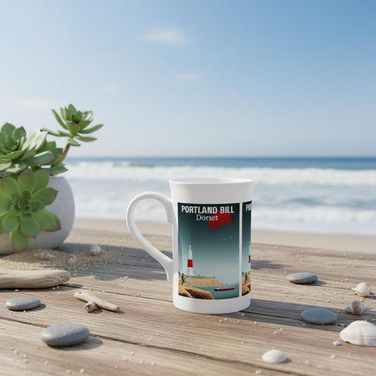 Mug with Portland Bill, Dorset design on a wooden deck by the sea