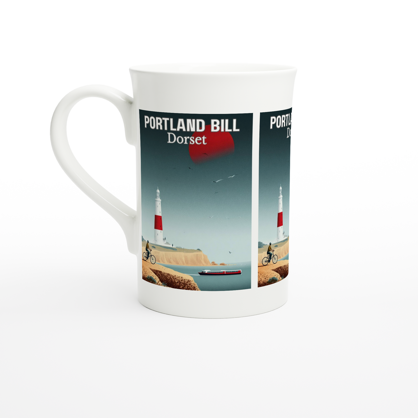 Mug with a design of Portland Bill, Dorset featuring a lighthouse and coastal scene.