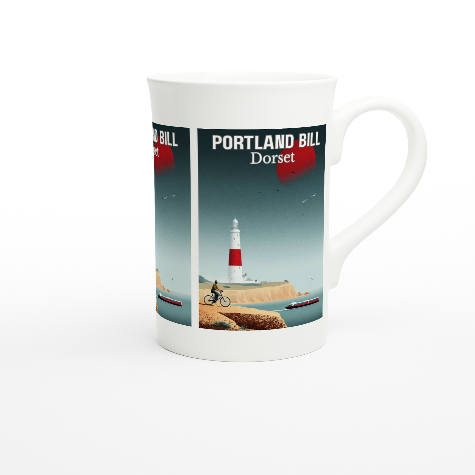 Mug with a design of Portland Bill, Dorset on a white background