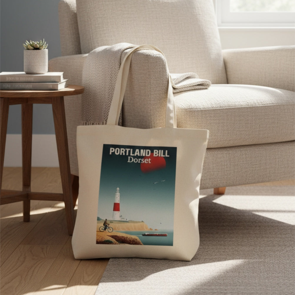 Portland Bill lighthouse tote bag in a room with a beige armchair, side table