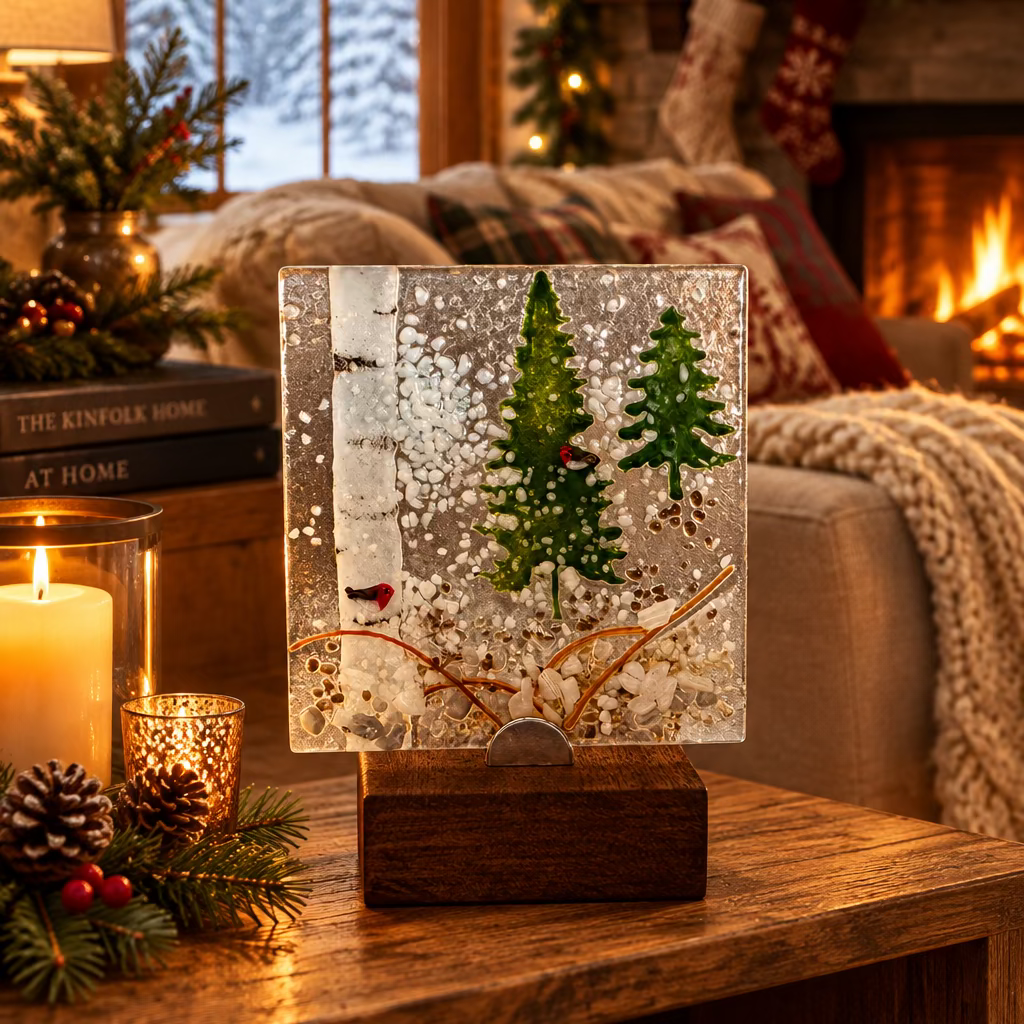 A square glass art piece featuring two green pine trees, white birch bark, and small white and brown botanical inclusions, mounted on a dark brown wooden base against a plain light wall.