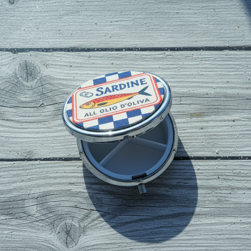 Pill box with a sardine design