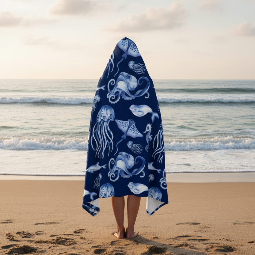 Navy blue hooded towel with white sea creature pattern
