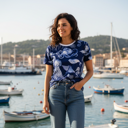 Woman standing by a harbor with boats and mountains in the background