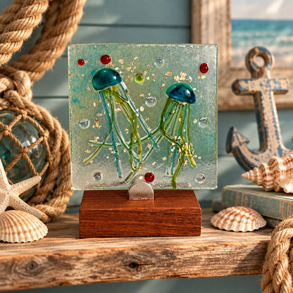 A square glass art piece featuring two green jellyfish with teal bells, suspended in a textured clear glass panel with gold foil and red accents, mounted on a wooden display stand.