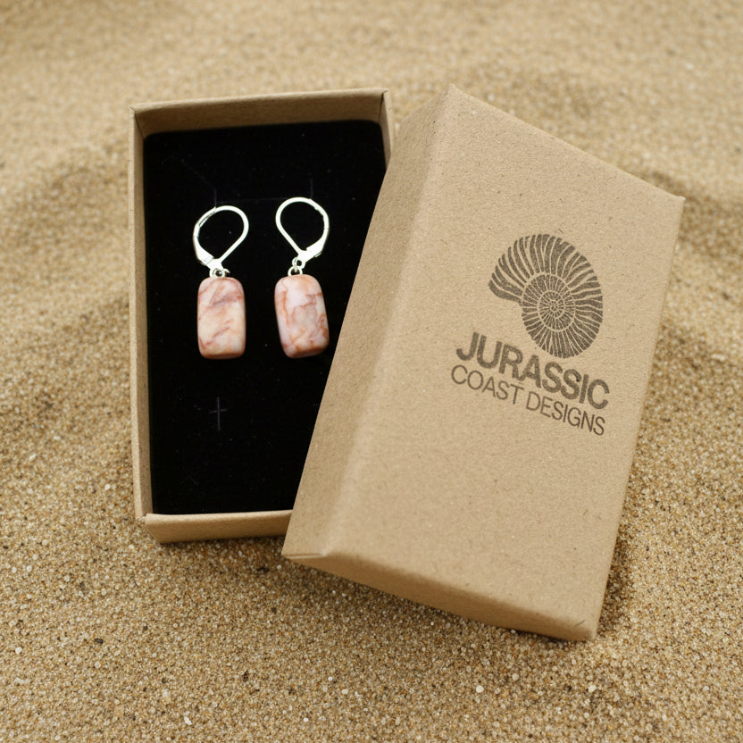 Pink stone earrings in a 'Jurassic Coast Designs' box on a light gray background