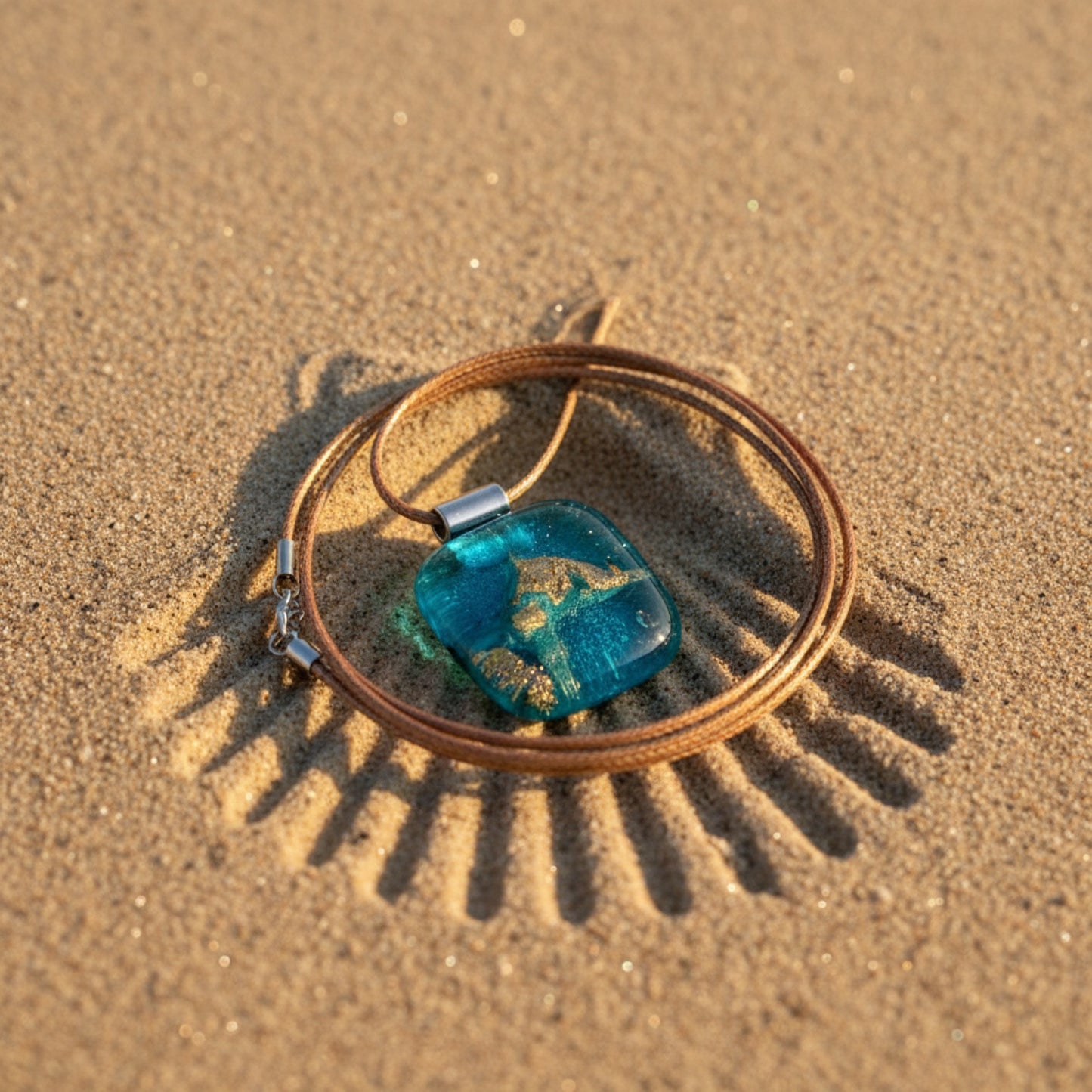 Blue pendant on a brown silk cord lying on sand