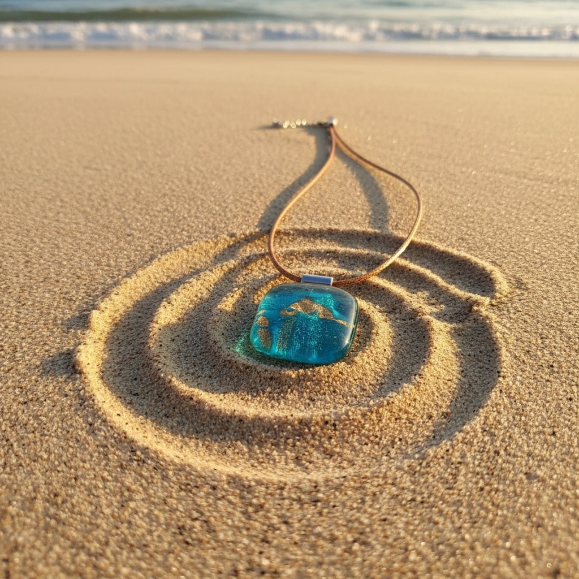 Blue pendant on a necklace lying on sand with water in the background
