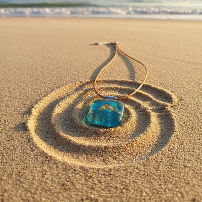 Blue pendant on a necklace lying on sand with water in the background