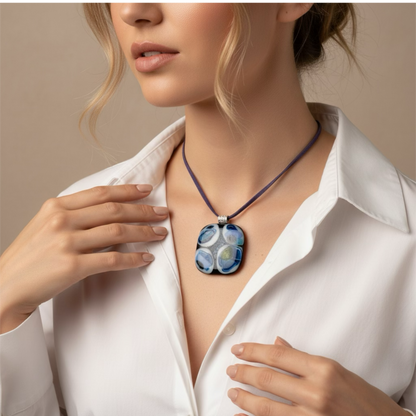 Woman wearing a white shirt with a decorative necklace against a beige background