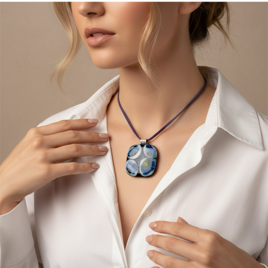 Woman wearing a white shirt with a decorative necklace against a beige background