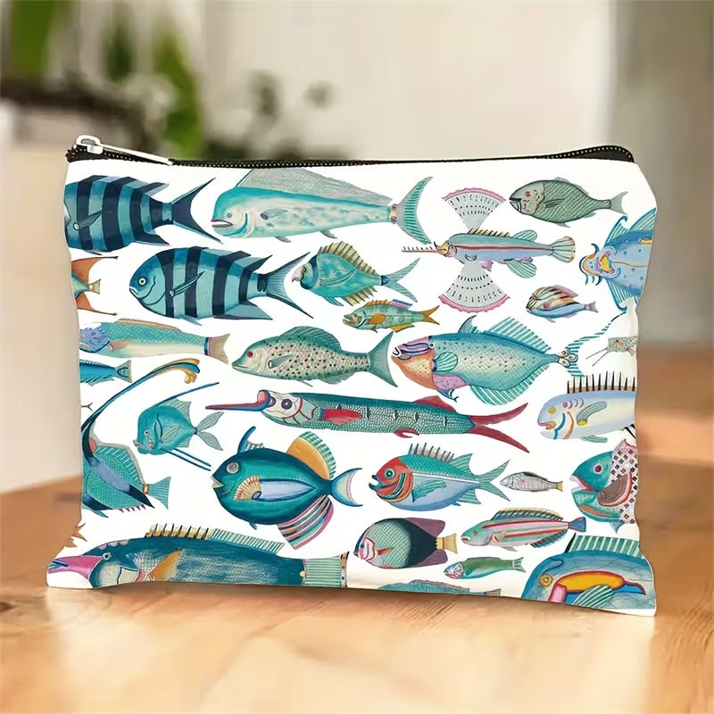 Pouch with colorful fish pattern on a wooden surface
