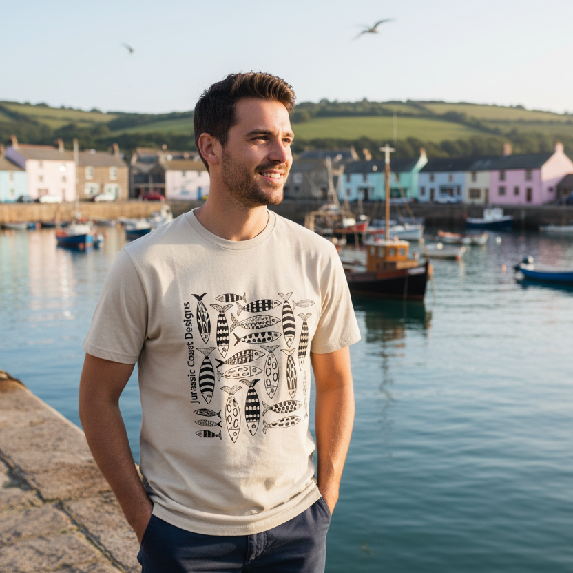Beige t-shirt with black fish pattern and 'Jurassic Coast Designs' text on a white background