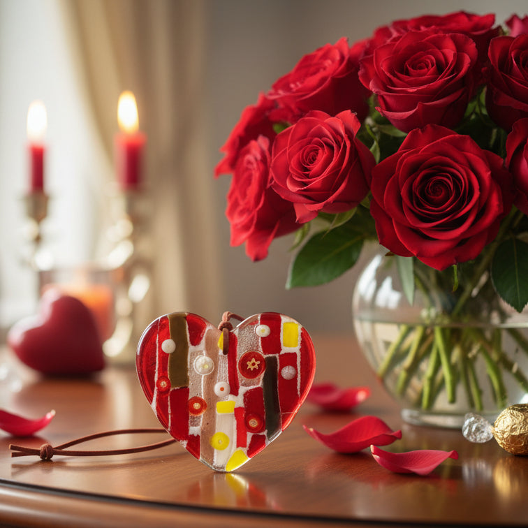 Heart-shaped decorative ornament with colorful patterns on a white background