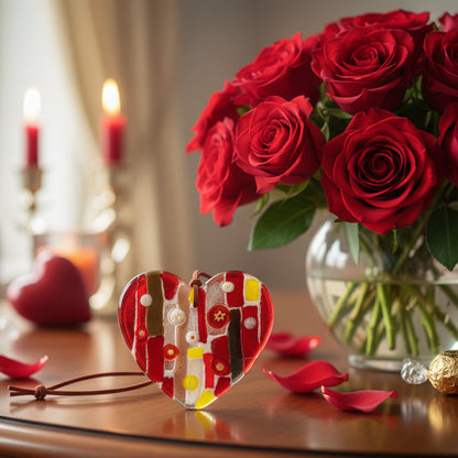Heart-shaped decorative ornament with colorful patterns on a white background