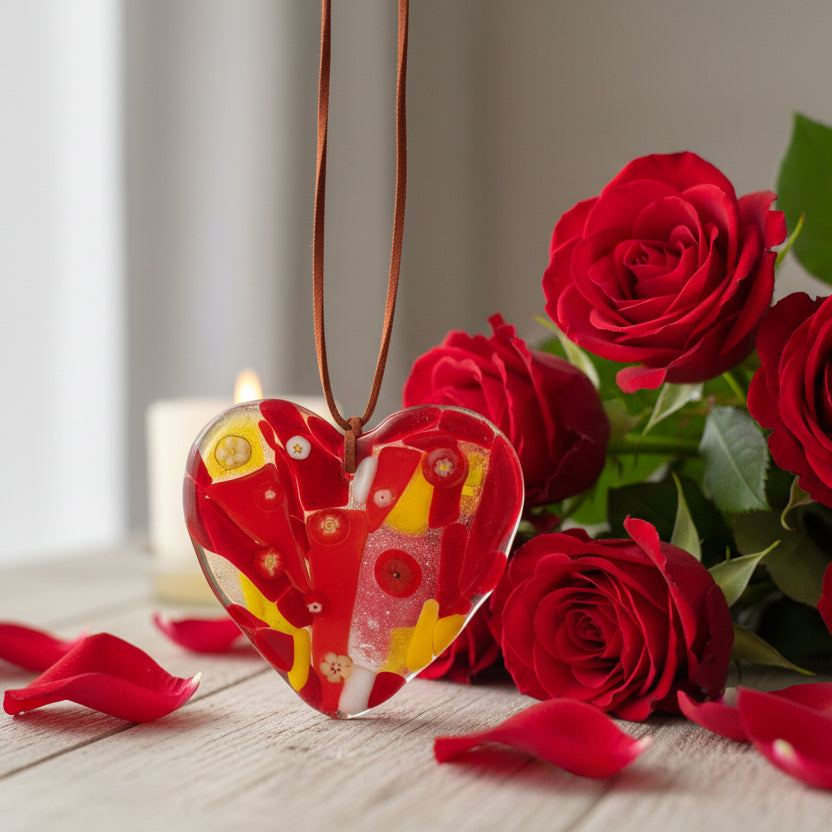 Heart-shaped pendant with red, yellow, and white colors on a white background