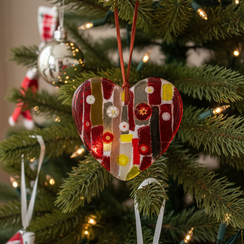 Heart-shaped decorative ornament with colorful patterns on a white background