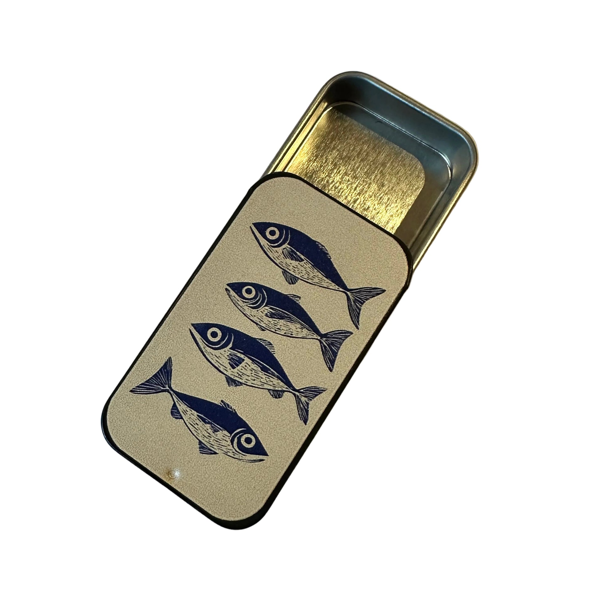 Rectangular tin with fish design on a white background