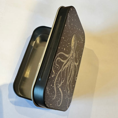 Rectangular metal container with a lid featuring an octopus design on a white background.