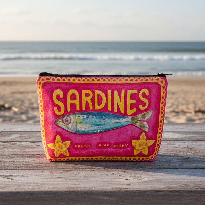 Pouch with 'Sardines' design on a wooden surface