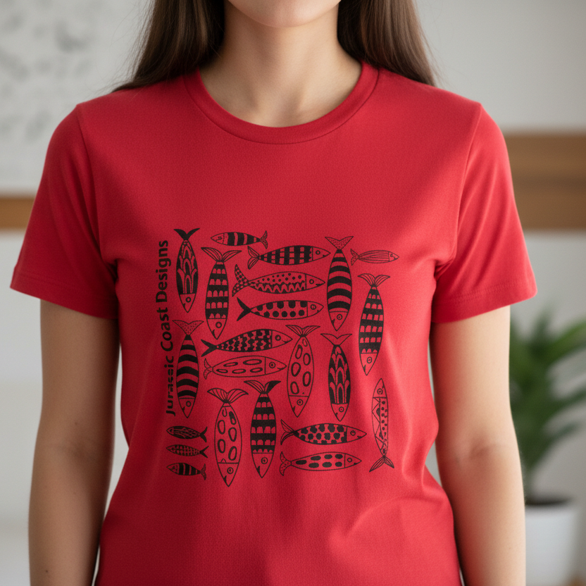 Red t-shirt with black fish illustrations on a white background