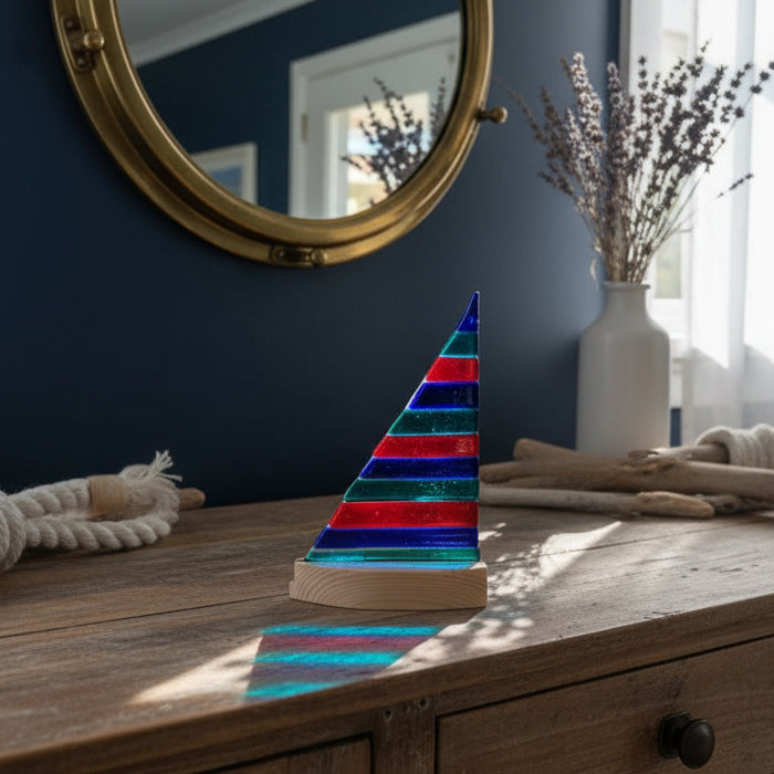Colorful glass sculpture on a white surface with a blurred outdoor background
