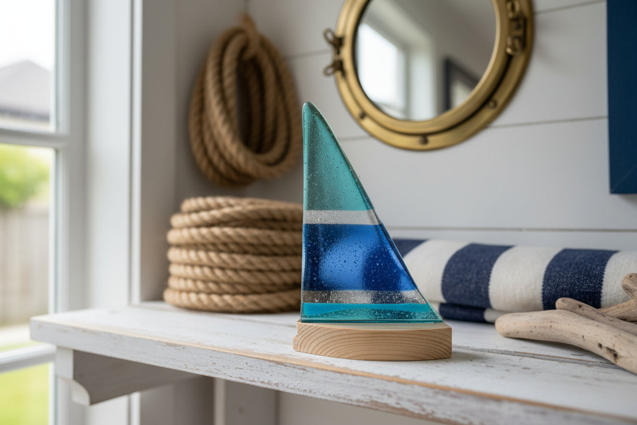 Glass sculpture resembling a sailboat on a white surface with a dark background