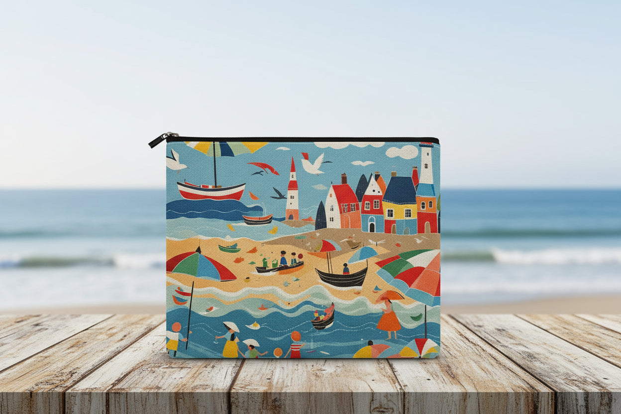 Colorful beach scene with boats, houses, and people on a zipper pouch.