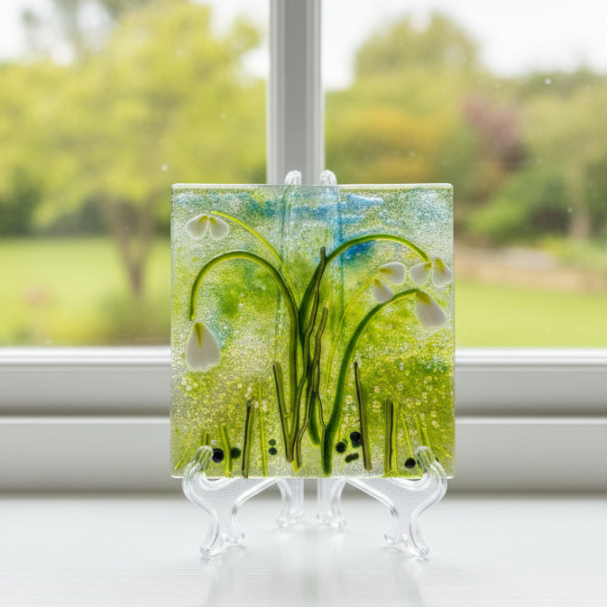 snowdrop fused glass artwork