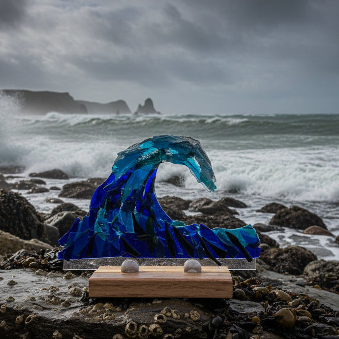 Blue glass wave sculpture on a wooden base with a dark background